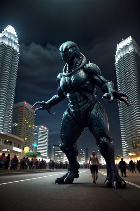 cinematic film still of  <lora:xenomorph style SD1.5:1>
Godzilla, blue fins, full body, side view, ,solo,open mouth,teeth,tongue,,blurry background,fangs,sharp teeth,monster , horror themed, dark themed, cinematic, film still, xenomorph style, shallow depth of field, vignette, highly detailed, high budget, bokeh, cinemascope, moody, epic, gorgeous, background KLCC, Malaysia Street, crowd running, panic,