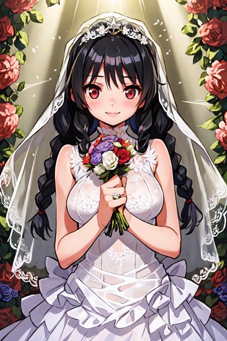 solo, 1girl, sheer, (wedding dress with flowers:1.1), looking at viewer,  red eyes, black hair, multicolored hair, box braids, seductive smile, blush, medium breasts, frills, bridal veil, light purple gemstone, upper body, god rays, floral background <lora:saitom_style_v03:1>