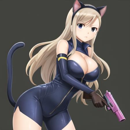 rebecca bluegarden, Edens Zero, mashima hiro, blonde hair, blue eyes, 1girl, animal ears, breasts, tail, cat ears, weapon, solo, gun, cat tail, long hair, large breasts, cleavage, fake animal ears, gloves, elbow gloves, bodysuit, black background, holding weapon, simple background, cosplay, holding, handgun, holding gun, thighhighs, black gloves, <lora:rebecca_bluegarden:1> <hypernet:sgqo1n:1.0>