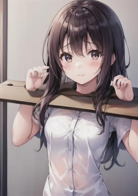 1girl, masterpiece, high quality, indoors, young girl,  pillory, flail, tears,  prison, prison_clothes,  indoors,restrained  <lora:pillory:0.9>