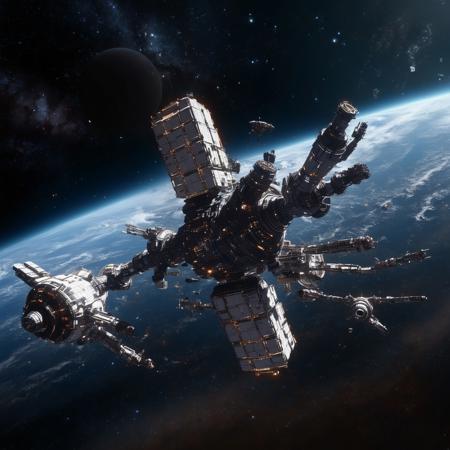 Design a breathtaking scene set in the vastness of space, where a futuristic spaceship is gracefully docking with a massive space station. Imagine this spacecraft as a marvel of human engineering, with sleek lines, glowing accents, and an array of advanced technologies on display. The space station, a towering structure with intricate details and multiple docking ports, serves as a bustling hub of interstellar activity.

As the spaceship aligns perfectly with the docking bay, highlight the intricate dance of mechanical arms and magnetic locks securing the two structures together. Add a dramatic touch with a vibrant nebula glowing in the background, its vivid colors contrasting the dark void of space. Enhance the sense of depth and movement with stars streaking across the scene, creating a captivating starfield.

Include subtle lighting effects to showcase the reflective surfaces of the spaceship and space station, emphasizing their metallic sheen. Perhaps add a few smaller vessels or spacewalkers nearby, providing a sense of scale and additional visual interest. The overall composition should evoke a sense of wonder, showcasing the beauty and excitement of space exploration and the potential of human ingenuity in the future.
