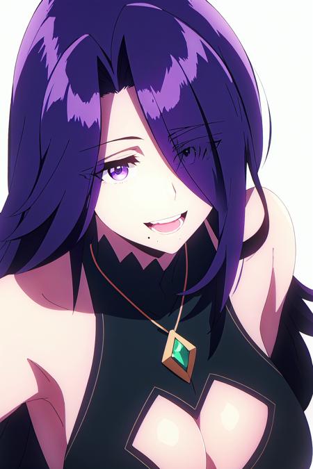 aurora, 1girl,  solo,  hair over one eye,  purple eyes,  mole under mouth,  mole,  long hair,  breasts,  smile,  jewelry,  open mouth,  cleavage,  white background,  purple hair,  upper body,  simple background,  necklace,  large breasts,  bare shoulders,  cleavage cutout,  clothing cutout,  looking at viewer,  sleeveless
high quality, best quality, ultra detailed, masterpiece, bare shoulders, <lora:EMS-55245-EMS:0.800000>