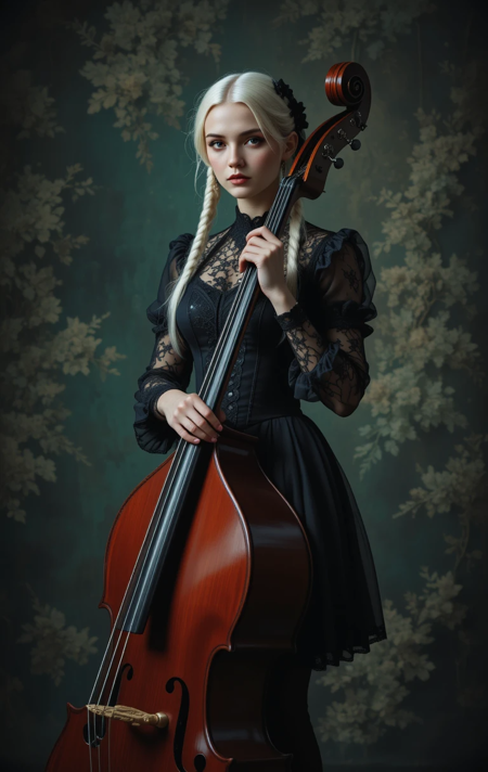 A woman with long white pigtails, wearing a black, lace-detailed, gothic-inspired dress with a corset bodice and ruffled sleeves, holds a double bass.  She is in a dimly lit, theatrical setting, against a textured, muted green and brown backdrop suggestive of an old-fashioned portrait. The dress and stockings are in rich black. The colors are deep and somewhat muted giving an overall impressionist, somber, and slightly dramatic mood. The woman and her dress are in sharp focus while the background is a little softer, creating a strong contrast between the foreground and background. The woman's hands and face are clearly in focus showcasing fine details and expression. The double bass is a rich reddish-brown.  The lighting is dramatic – accentuating the pose and textures, not overly bright or harsh.  The image should evoke a sense of artistry, beauty, and a touch of mystery.  Include focus on the intricate details like the lace and the design on her dress. Style is dramatic and evocative.