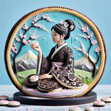 made of creamy cookies, A graceful Asian woman made entirely of creamy cookies, her delicate features carved from smooth vanilla dough with edible blush dusting her cheeks. Her long black hair is spun from strands of licorice, styled in an elegant bun adorned with crystallized sugar flowers and wafer hair ornaments. She wears an exquisite hanfu crafted from layers of pink and white sugar-glazed cookies, the intricate floral patterns piped with royal icing in swirling black and gold. The wide sleeves, extending past her wrists, showcase lace-like cookie lattice work with edible flower imprints.  
She sits gracefully upon a branch of a gingerbread cherry blossom tree, its pink frosting petals scattering around her like sweet confetti. The river below mirrors her reflection in glossy caramel, its ripples textured with airbrushed sugar. Lush green grass made of matcha-flavored fondant surrounds her, dotted with gumdrop flowers. The distant mountains are layered cakes dusted with powdered sugar, while the sky blends cotton candy hues of peach and lavender.  
Her serene expression, framed by cookie collarbones and dainty sugar pearl earrings, gazes at the viewer with gentle fondant eyes. Delicate jewelry of caramel strands and candy beads adorns her neck and wrists. The entire scene radiates warmth, as if freshly baked, with buttercream clouds floating in the sky and the faint aroma of vanilla wafting through this delectable cookie paradise.