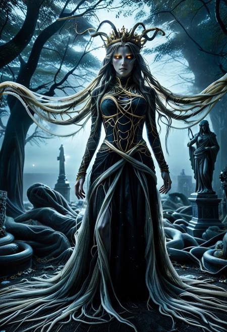 masterpiece, absurdres, best quality, amazing quality, ultra-detailed, newest, extremely detailed, very aesthetic, 
rating_safe, source_anime, 
BREAK, 
1girl, medusa, beautiful Medusa, a Gorgon, long hair, serpentine hair, snake hair, each snake with glowing eyes, 
hair made of tree, hair made of PG-TR, PG-TR, 
spiderweb, 
golden eyes, glowing eyes, alluring and menacing, crown of serpents, dress, black dress, tattered gown made from dark mystical fabrics, 
pale skin, marble-like hue, shimmering in the moonlight, 
Around her, statues of former victims stand frozen in place, and the air is thick with an ominous aura.