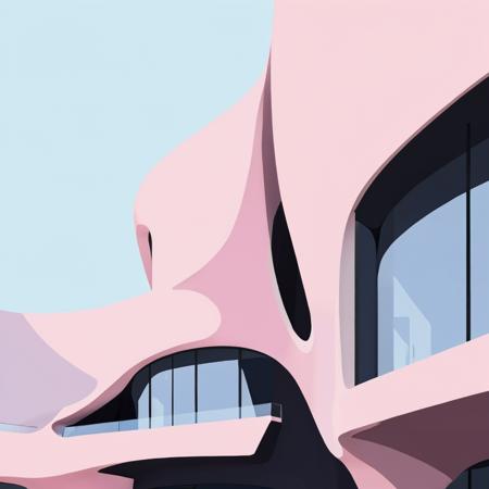 Abstract museum building, contemporary architecture design by Zaha Hadid, contemporary minimal design, modern illustration style, high-contrast color palette with bright and pastel shades, flat shade, pale colors <lora:Flat-XL:0.75> <lora:FormFinder-XL_v2:0.5>
