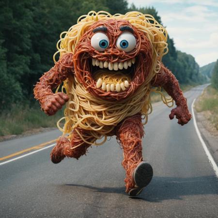 full body shot, Realistic photo of (Will Smith) (running on the road from a giant monster (made out of spaghetti)), scared face expression, high detail, 4k
