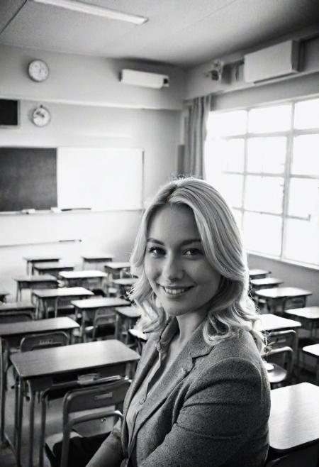 b&w, instagram photo, portrait photo of 22 y.o blonde woman, perfect detailed eyes, natural skin, hard shadows, film grain, smile, kyoushitsu, classroom, indoors, school chair, school desk, chalkboard, window, ceiling light, curtains, tree