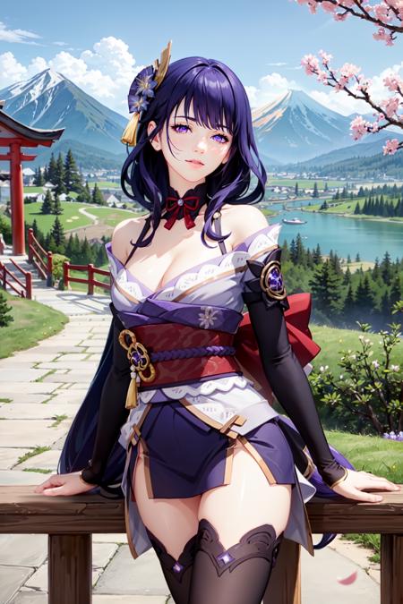 RaidenGI purple eyes, black thighhighs, bridal gauntlets, hair ornament,   cherry blossoms, coattails, armor, floral print, japanese clothes, kimono, long sleeves,   mitsudomoe (shape), purple flower, purple kimono, purple thighhighs, ribbon,    sash, shoulder armor, tassel, tomoe (symbol), torii, wide sleeves