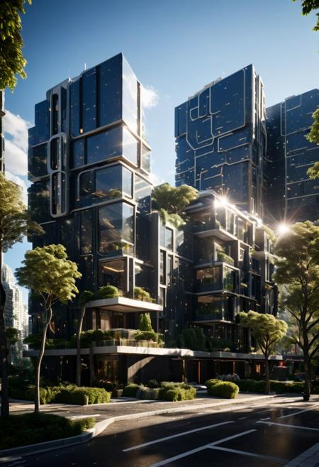 (((Modern style architecture, housing, luxury residence))),
outdoors, sky, tree, blue sky, no humans, ground vehicle, building, scenery, reflection, city, cityscape, bare tree, skyscraper, real world location,
(Large Files, Ultra Realistic, 8K, 16k, FHD, HD, VFX, Perfect, Photography, composition, Architecture Sales Photography, Architecture Competition, Ultra High Resolution, Cinematography, High Resolution Image:1.1), (dramatic lighting, direct sunlight, ray tracing, clear shadow:1.2), (real landscape:1.1), (blurred background:1.0), (urban background, more_details)  
(avant-garde, future, reality, science fiction, photorealistic), (modern architecture:1.2), White limestone with black granite, fountain, waterfall, landmark, square, path, narrow street,
(Large Files, Ultra Realistic, 8K, 16k, FHD, HD, VFX, Perfect, Photography, composition, Architecture Sales Photography, Architecture Competition, Ultra High Resolution, Cinematography, High Resolution Image:1.1), (dramatic lighting, direct sunlight, ray tracing, clear shadow:1.2),  (real landscape:1.1), (blurred background:1.0), (urban background, more_details) ,
great lighting, extremely detailed, clear, SteamPunk, futuresurban