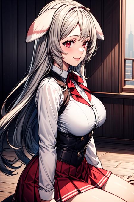 best quality, masterpiece, 1girl, (solo:1.1), raytracing, ultra detailed,detailed face, 8k wallpaper, wide hips, <lora:more_details:0.5>, PursenaAdoldiaNDV, 1girl, gray hair, red eyes, (large breasts:1.3), long hair, academy uniform, red skirt, white shirt, open jacket, corset, animal ears, dog ears, red bow, ribbon, indoor, sitting, smile, from side,  <lora:PursenaAdoldiaNDV:0.6>