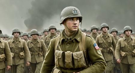 concept art of a us infantry soldier in a olive military uniform with a perfect ww2 allied helmet on Saving Private Ryan Cinematic Film Style
 <lora:Saving Private Ryan Cinematic Film Style:1>
 <lora:PerfectEyesXL:1> <lora:lora6:1>
 <lora:perfect hands:1>
perfect hands, digital artwork, illustrative, painterly, matte painting, highly detailed