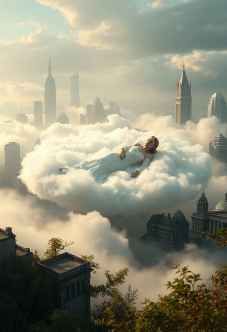 Create a surreal, dreamlike scene of a city that has been abandoned and reclaimed by nature. In the center of the image, a lone figure lies sleeping on a bed of soft, white clouds, surrounded by a halo of soft, pulsing light. The figure is dressed in a flowing, white gown, and their face is serene and peaceful. The city is made up of fragments of memories and emotions, and the mist is filled with the whispers of forgotten thoughts and desires. The figure is the embodiment of the city's collective unconscious, and the city is dreaming. Style: surreal, dreamlike, mystical. Colors: soft, pastel, glowing. Highest-Quality, 4k, Masterpiece