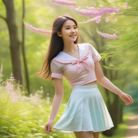 20-year-old Beautiful Chinese girl in sheer white  lightpink  mini-sailor-uniform  ,Slightly tousled long hair, fullbody,smile,youthful radiance
Elegant side profile, poised yet lively gestures
On forest path, admiring wildflowers in bloom
Surrounded by verdant trees, birdsong, dappled sunlight,Color palette: fresh greens, soft blues, pinks, pale yellows,Gongbi realism or xieyi atmosphere
Capture vibrant spring vigor and adolescent spirit