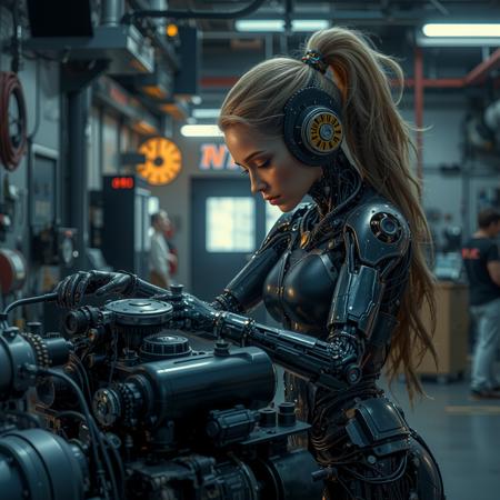 real estate photography style a cyborg girl with intricate mechanical arms working on a powerful engine in a high-tech garage, merging beauty with function in a gritty cyberpunk environment. professional, inviting, well-lit, high-resolution, property-focused, commercial, highly detailed