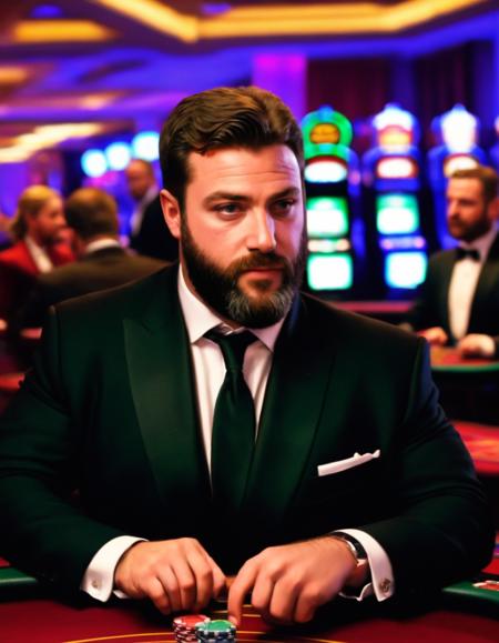 <lora:XL_sargon_v1:1>, 1boy, male focus, solo, facial hair, realistic, beard, suit,  upper body, at casino table