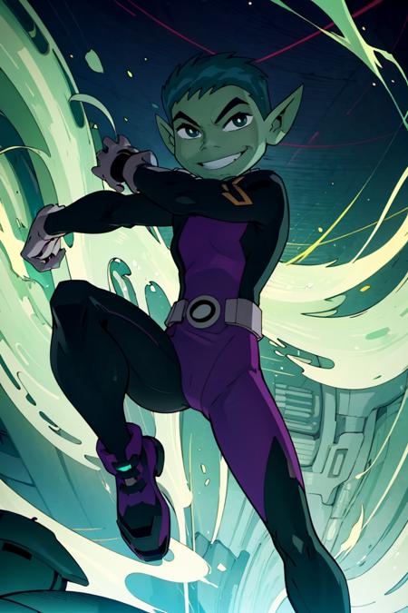  BeastBoy_TeenTitans,   1boy, solo, green eyes, green hair, green skin, colored skin, pointy ears,  purple bodysuit