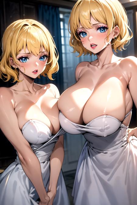 Stussy_COP, short hair, blonde hair, blue eyes, makeup, lipstick, multiple girls, 2girls, 3girls, 4girls, 5girls, 6girls