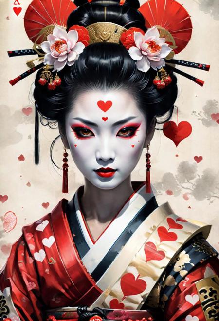 queen of hearts portrait, samurai, geisha, oriental,