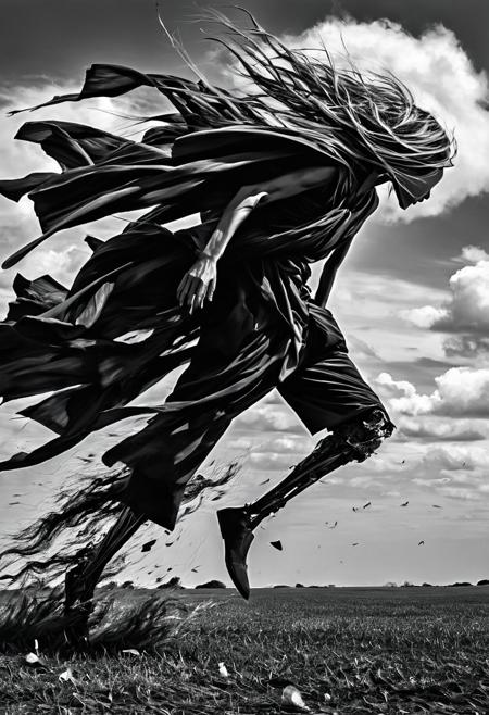 Expressionism - A painting of a humanoid eroding and wilting away in the breeze. The sky and ground is breaking and starting to blow away in the wind as well. No distinct face to the humanoid. Its clothes is shredding to pieces and the pieces are blowing away in the wind. black and white predominant colors, heavy wind, everything flying to the side,