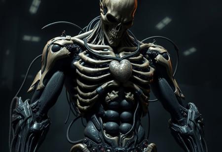 Create a highly detailed, 3D render of a muscular, male undead cyborg with exposed bones and black armor, in the style of Beksinski, Moebius, and Greg Rutkowski. The cyborg should be connected to heart machines, have a large bust, and be depicted in a dark, eerie atmosphere reminiscent of the Souls series. Incorporate elements of Transmetal II and Berserk, and ensure the artwork is SFW. The style should be a mix of remodernism and cyber octane render, with an Unreal Engine aesthetic. The final output should be a large, intricate artwork.