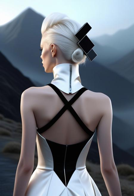 This is a digital artwork, likely created using CGI, featuring a young woman with an ethereal, otherworldly appearance. She stands in a misty, twilight landscape with dark, hazy mountains in the background. The woman has a fair, smooth complexion and is dressed in a flowing, white, off-the-shoulder gown adorned with intricate, glowing neon accents.
The image is a photograph of a fashion model walking on a runway. The model is a woman with platinum blonde hair styled in an elegant updo. She is wearing a striking, avant-garde outfit that includes a sleeveless, high-neck black dress made of a smooth, shiny fabric, possibly satin or silk. The dress has a high collar that adds to the futuristic, high-fashion aesthetic.The image is a high-resolution photograph showcasing the back of a person with platinum blonde hair styled in a sleek, straight bob. The hair is adorned with numerous black and dark brown hair clips, creating an abstract, geometric pattern across the back of the head. The clips are arranged in a chaotic, scattered manner, with some clips overlapping and others standing upright, adding a modern, avant-garde aesthetic to the hairstyle.