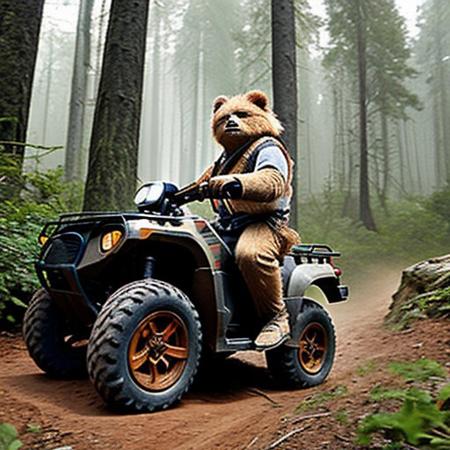 A full body photo of an Ewok on Endor, it's carrying an Uzi and riding an ATV, 
It looks cute and adorable yet fierce at the same time, The Ewok equivalent of Rambo, funny, 
highest quality, exceptional accuracy and realism,