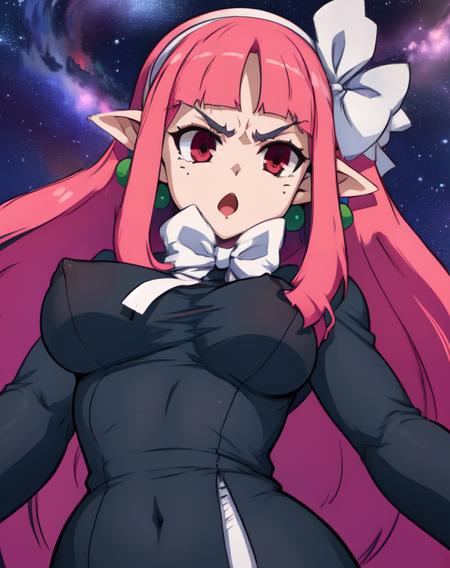 Witch, long pink hair,pointy ears,red eyes , 
  hips,   angry,  from below,  covered nipples, 
standing, upper body,  
black dress, white ribbon, white hairband,long sleeves,earrings, 
 fun park, stars,
(insanely detailed, beautiful detailed face, masterpiece, best quality),  <lora:Witch-10v5:0.8>