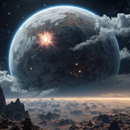 view from space on an ancient planet shrouded in clouds, a dying star in the background