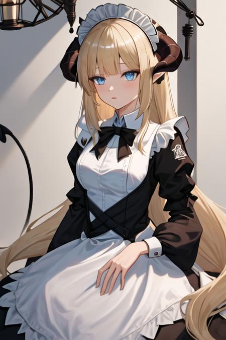 best quality, masterpiece, highres, solo, {maid:1.40}, {long maid dress:1.15}, {nightingale_arknights:1.15}, long_hair, horns, blonde_hair, bangs, blue_eyes, hat, very_long_hair, white_headwear, upper_body, demon_horns