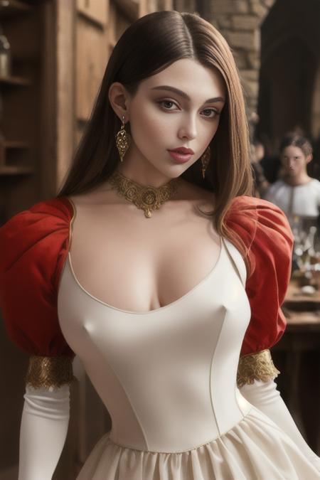 brunette woman, (medieval clothing), p0k13s, (masterpiece,best quality), castle, medieval fantasy, tavern, dress, gown, wench