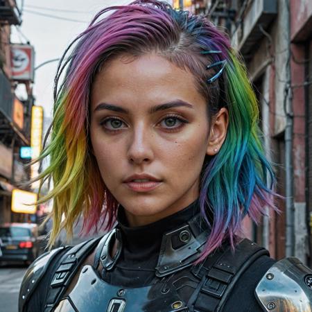 epic realistic, DV_Karah_Vicious, cyberpunk lanscape, ultra realistic, cinematic lighting, ultra detailed, detailed gorgeous face, beautiful girl, olive skin, medium length rainbow hair, simetric face, good anatomy, deusamelada, (Masterpiece:1. 3), (best quality:1. 3), <lora:add_detail:0. 4> <lora:epi_noiseoffset2:0. 4> <lora:hairdetailer:0. 6> <lora:more_details:0. 3> <lora:add-detail-xl:1. 2> <lora:DetailedEyes_V3:1. 2> <lora:sd_xl_offset_example-lora_1. 0:1. 2>, (natural skin texture, hyperrealism, soft light, muted colors), background, rutkowski, rim light
