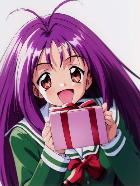 <lora:Kotobuki_Miyuki:0.8>,  KotobukiMiyuki, 1girl, solo, gift, holding, holding gift, school uniform, open mouth, 1990s (style), smile, incoming gift, long sleeves, gift box, red eyes, upper body, green shirt,
masterpiece, high quality, very_high_resolution, large_filesize, full color,