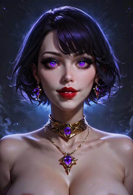 (score_9:1.1), score_8_up, score_7_up, 1girl, solo, anime, hentai, big eyes, purple eyes, pale skin, white skin. naked body, gold necklace, gold choker. short dark hair. red lips, massive boobs, seductive smile. dark background, Uhd, 9K, portrait, masterpiece, stunning, zPDXLxxx, Expressiveh, concept art, realistic, looking at sky, goth