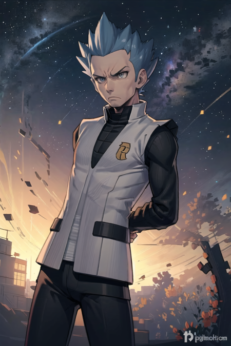 masterpiece, best quality, <lora:CyrusLora-10:0.7>, cyrus \(pokemon\), frown, grey vest, black shirt, black pants, arms behind back, space, galaxy, stars, long sleeves, ribbed shirt, ribbed legwear,