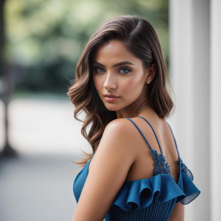 full body portrait of beautiful model in blue dress, intricate, sharp focus, natural lighting, RTX, professionally color graded, professional photography, masterpiece, ultra-detailed, high quality, best quality, 4k, 8k, RAW, fashion, high fashion, haute couture, simple background , Analogous color scheme   <lora:more_details:0.5>
