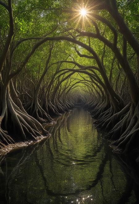 Mangrove labyrinth where root arches form subaquatic portals during Green flash: Solar distortion at horizon splitting light spectrum,