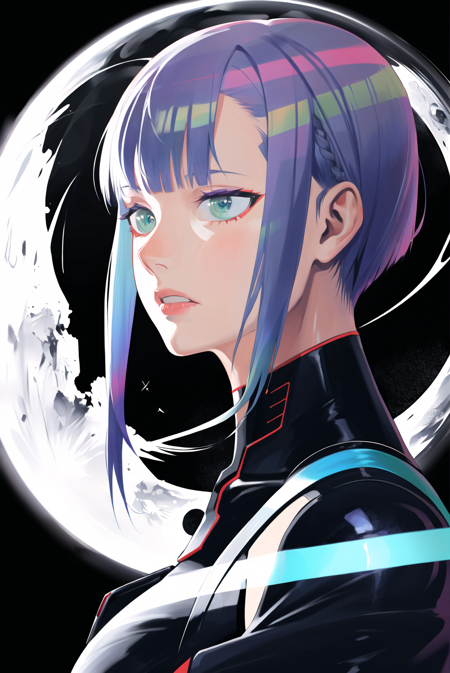 etama quomo <lora:etama_quomo_offset:1>, lucy \(cyberpunk\) <lora:lucy_offset:1>, 1girl, blue hair, bodysuit, cyberpunk, cyborg, expressionless, green eyes, head rest, looking to the side, moon, multicolored hair, off-shoulder jacket, off shoulder, parted bangs, purple hair, red eyeliner, red lips, reflection, short hair, solo, cyberpunk edgerunners , (masterpiece)