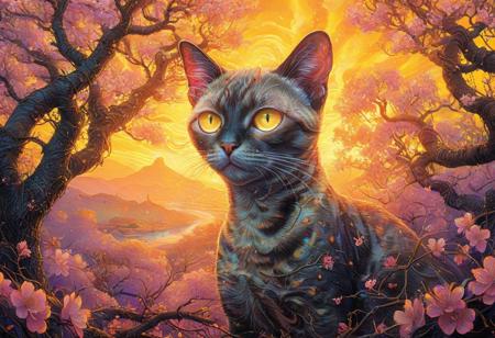 PsychadelicChaos, absurdres, high resolution, detailed, stylized by Alex Ross, Marc Silvestri, photograph, close up of a In a surreal landscape, the iconic Siamese Cat psychadeliced in a vibrant Enticing Yellow psychadelic is seen in front of a backdrop of cherry blossom flowers. at Sunset, Light, Gadgetpunk, Cold Lighting, Kodak portra 800, 80mm, One Color, <lora:Upgraders\Detail Tweaker XL:1.0>, <lora:Challenge\aidmaPsychadelicChaosWorldMorphXL-V0.1:1.0>