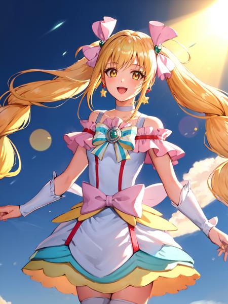 cure echo cure echo, blonde hair, twintails, hair ribbon, knee boots, earrings, arm warmers, brooch, choker, yellow eyes, shorts under skirt, white shorts