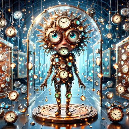 This character is a quirky inventor with shiny teeth, goggles perched on their head and a bag filled with small, reflective mirrors. They use these mirrors to create portals or illusions in the world around them. As they hold up a mirror, the reflection might twist and bend reality, opening a doorway to another place or showing alternate versions of the world. The Tinker might also use the mirrors to bounce light or create shifting patterns, making them an unpredictable and whimsical presence<lora:Clock_Style-000009:1.0> <lora:DetailTweakerXL:1.0> <lora:KarmaTripping:0.6> clock