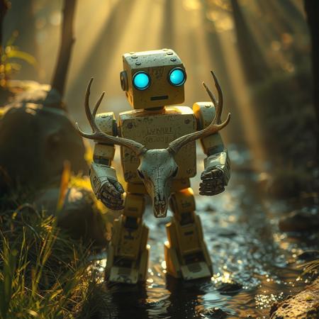 masterpiece, best quality, amazing quality, very aesthetic, hdr , photorealistic, light particles, very detailed, 8k, ambient occlusion, blurry foreground, depth of field, immersive perspective, lens flare, high angle shot,creative angle,neon_silhouette_style, pale yellow silhouette, musky forest with some rock, some ray of light, 1 iron robot, scratched, dirty, standing in a small creek with transparent water, little fishes, blocky chest, no neck, no nose, no mouth, cylindrical head, shiny blue circular eye visors, large blocky feet, large 4-fingers hands, (holding at eye level a white deer skull with small antlers and looking at it), grass bent in waves from the wind, backlight, shadowed face