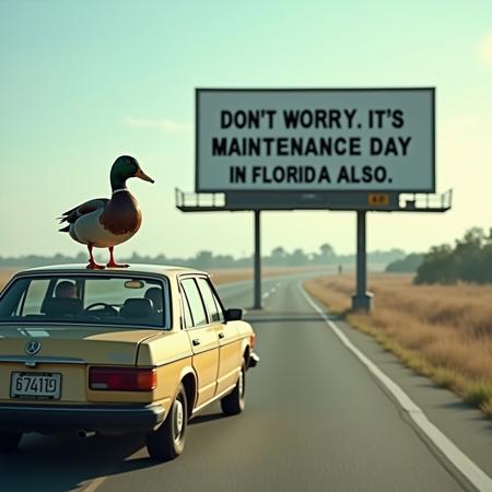 a Muscovy duck on top of an 80's Russian moskvich car looking at a metal billboard that says: "Don't worry. It's maintenance day in Florida also.". Sunny day in Florida, near rivers, back shot, blur foreground, focus on billboard. creative composition with cinematic lighting.