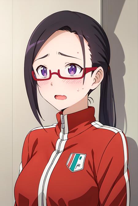 (extremely detailed CG unity 8k wallpaper), (masterpiece), (best quality), (ultra-detailed), (best illustration), (best shadow), (absurdres),  <lora:sakie-12:0.7>,sakie, 1girl, solo, glasses, jacket, purple eyes, blush, black hair, track jacket, semi-rimless eyewear, under-rim eyewear, ponytail, open mouth, upper body, track suit, red-framed eyewear, sweat