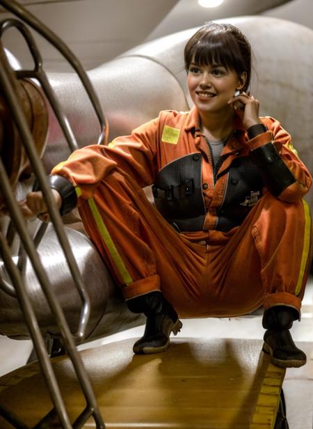 happy black haired woman dressed in bsgdckcrw is working in a spaceship hangar <lora:ViperpilotsuitV09:0.9>,ponytail,RAW photo, 8k uhd, dslr, soft lighting, high quality, film grain, higly detailed face,ultra detailed,masterpiece quality,Fujifilm XT3