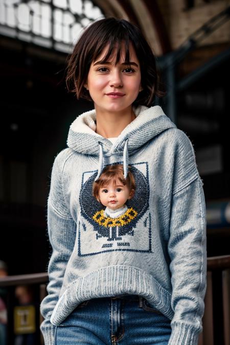 K1873W in london baby, jumper, jeans <lora:KW3:1> masterpiece, best quality, detailed face , 1girl, realistic, solo,k1873w, short_hair, black_hair