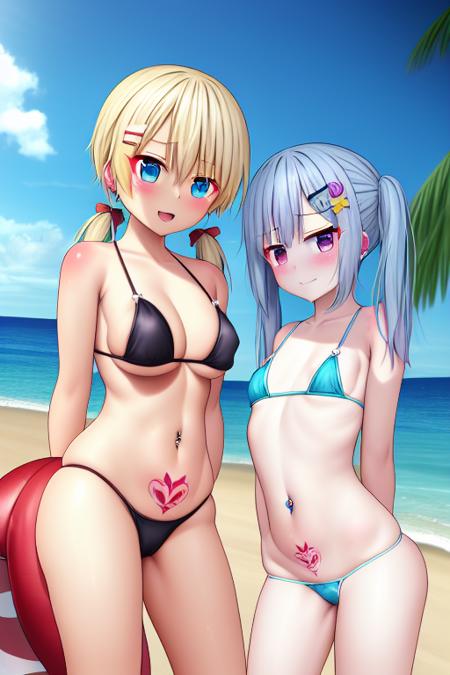 {best quality}, {{masterpiece}}, {highres}, original, extremely detailed wallpaper, {an extremely delicate and beautiful}, art by aki99,2girls, arms_behind_back, bandaid, beach, bikini, bikini_top, black_bikini, blonde_hair, blue_eyes, blue_hair, bottomless, bow, breasts, day, hair_ornament, hairclip, horizon, long_hair, looking_at_viewer, micro_bikini, multiple_girls, navel, navel_piercing, nipple_piercing, no_panties, ocean, outdoors, pasties, piercing, pussy, red_bow, shore, short_hair, smile, swimsuit, tattoo, twintails, water