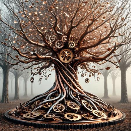 A massive tree at the center of a metallic landscape, its trunk formed of stacked gear rings and polished metal roots burrowing deep into the earth. Branches extend like clockwork arms, bearing leaves of brass and spinning petals. Birds perch—tiny automatons powered by coils and springs. The air glows with copper-colored mist. It is a sacred fusion of nature and invention, a biomechanical symbol of eternal renewal. Elegant symmetry, high-detail, mechanical-organic fusion, artistic surrealismts