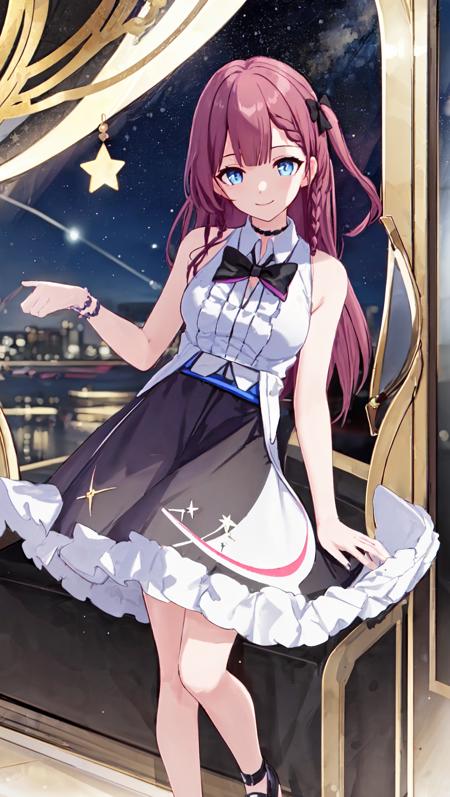 ((masterpiece)),(((bestquality))),((ultra-detailed)), asta,full body, looking at viewer,1girl, solo, shirt, blue eyes, bow, braid, sleeveless, sleeveless shirt, smile, long hair, looking at starry sky, black bow, skirt, bowtie, hair ornament, one side up, white shirt, bangs,bare shoulders, window, collared shirt, pink hair, frills, medium breasts, side braid, black bowtie, hair bow ,<lora:asta_20230706130251:0.6>, (very very beautiful starry sky:1.2),starry sky, (very very detailed eyes:1.2)