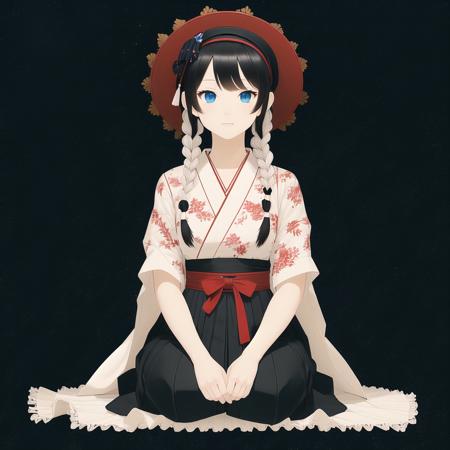 <lora:whytcat:1.0>, starry background,  bamboo, black hair, blue eyes, blue hair, braid, hat, hime cut, japanese clothes, kimono, long hair, long skirt, multiple girls, ponytail, red eyes, silver hair, sitting, skirt